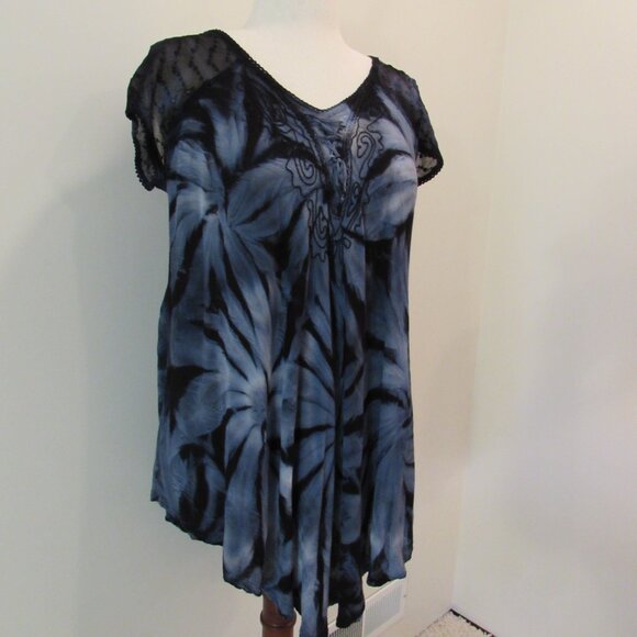 Pacific Batik Collection Tunic Top Free Size Blue Black Tie Dye Embroidered - Picture 7 of 15
